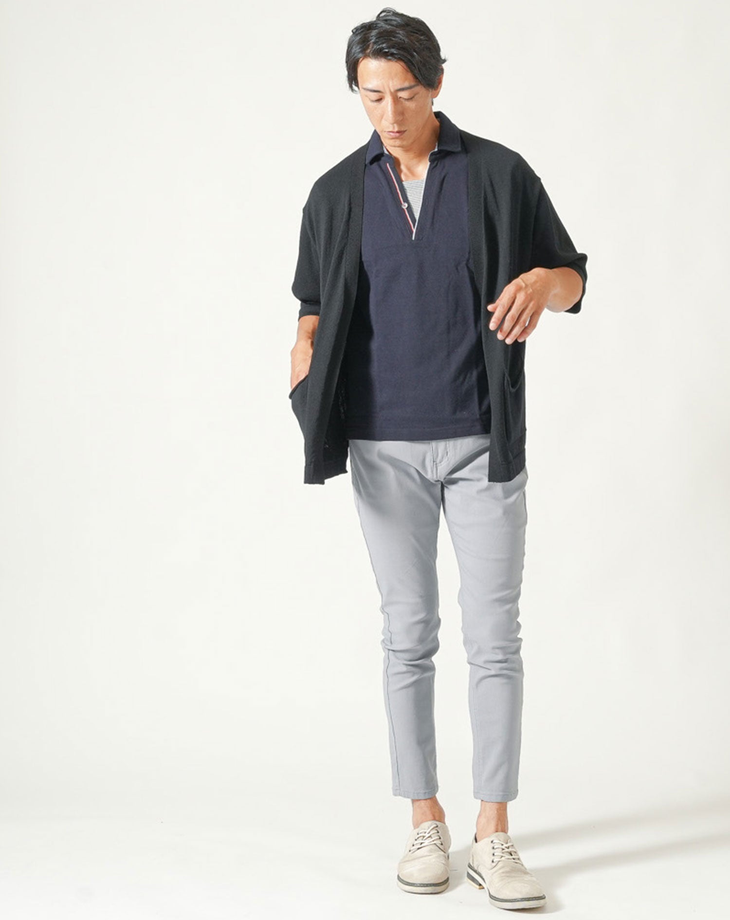 フェイクレイヤードトリコロールライン半袖スキッパーポロシャツ