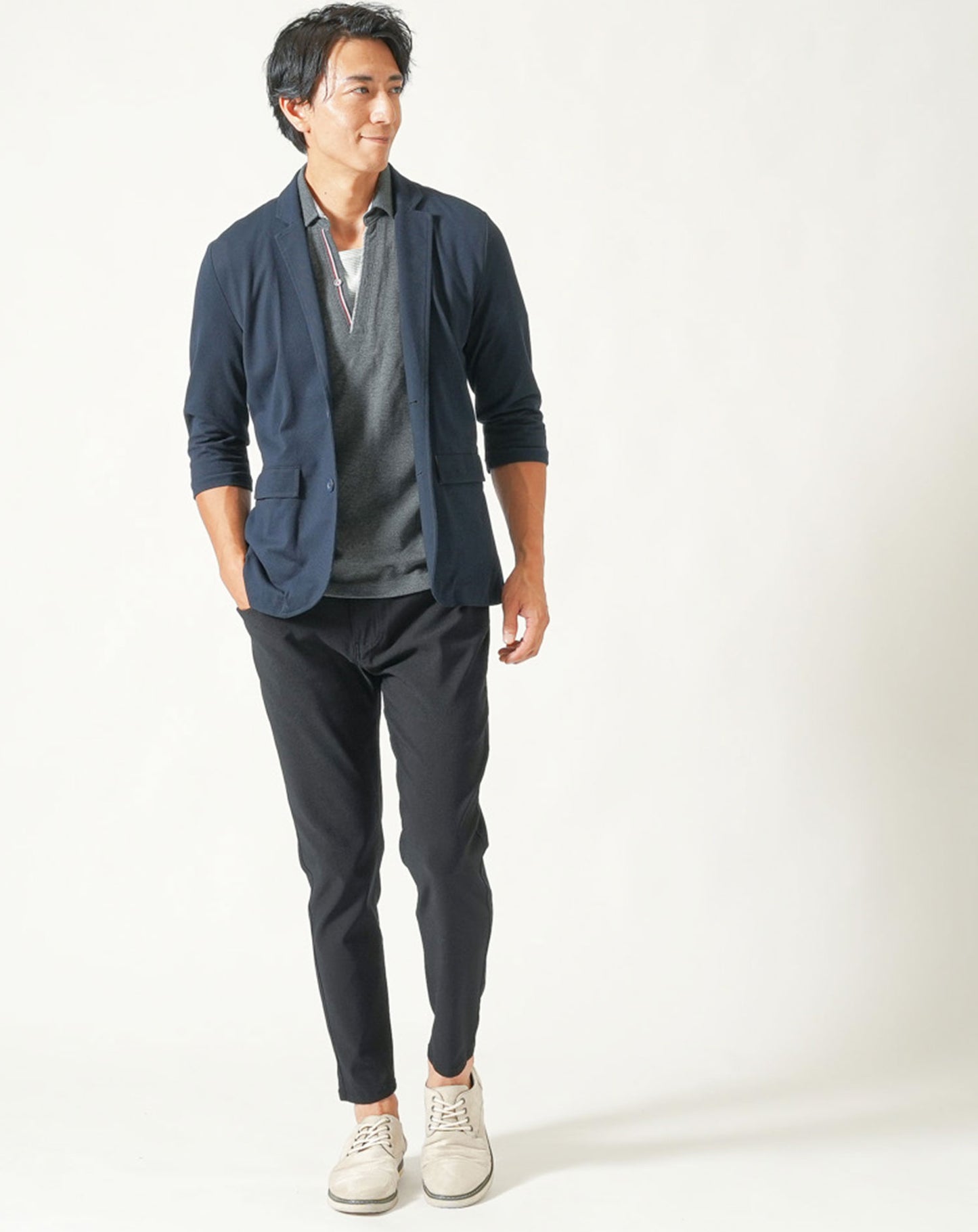 フェイクレイヤードトリコロールライン半袖スキッパーポロシャツ