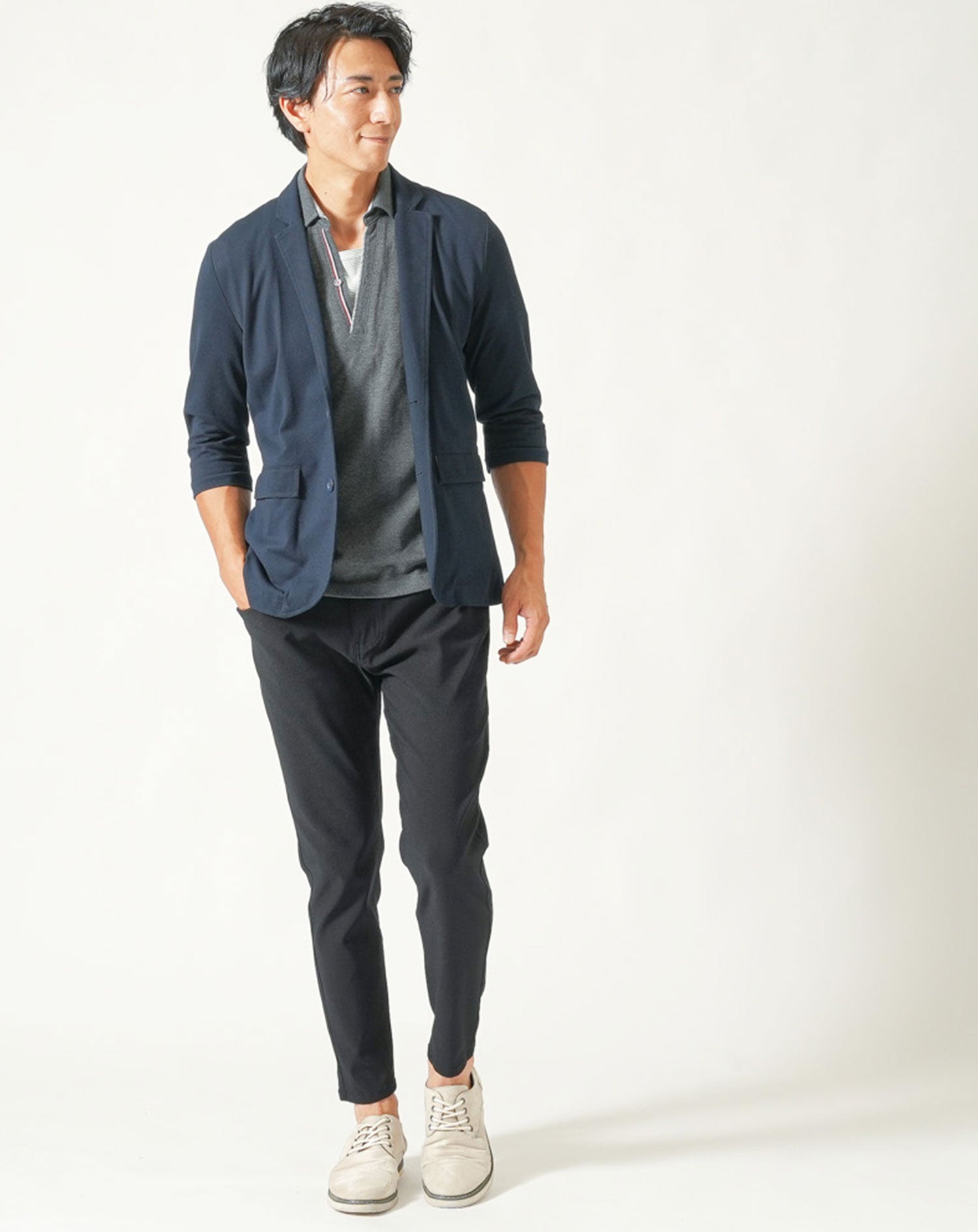 フェイクレイヤードトリコロールライン半袖スキッパーポロシャツ