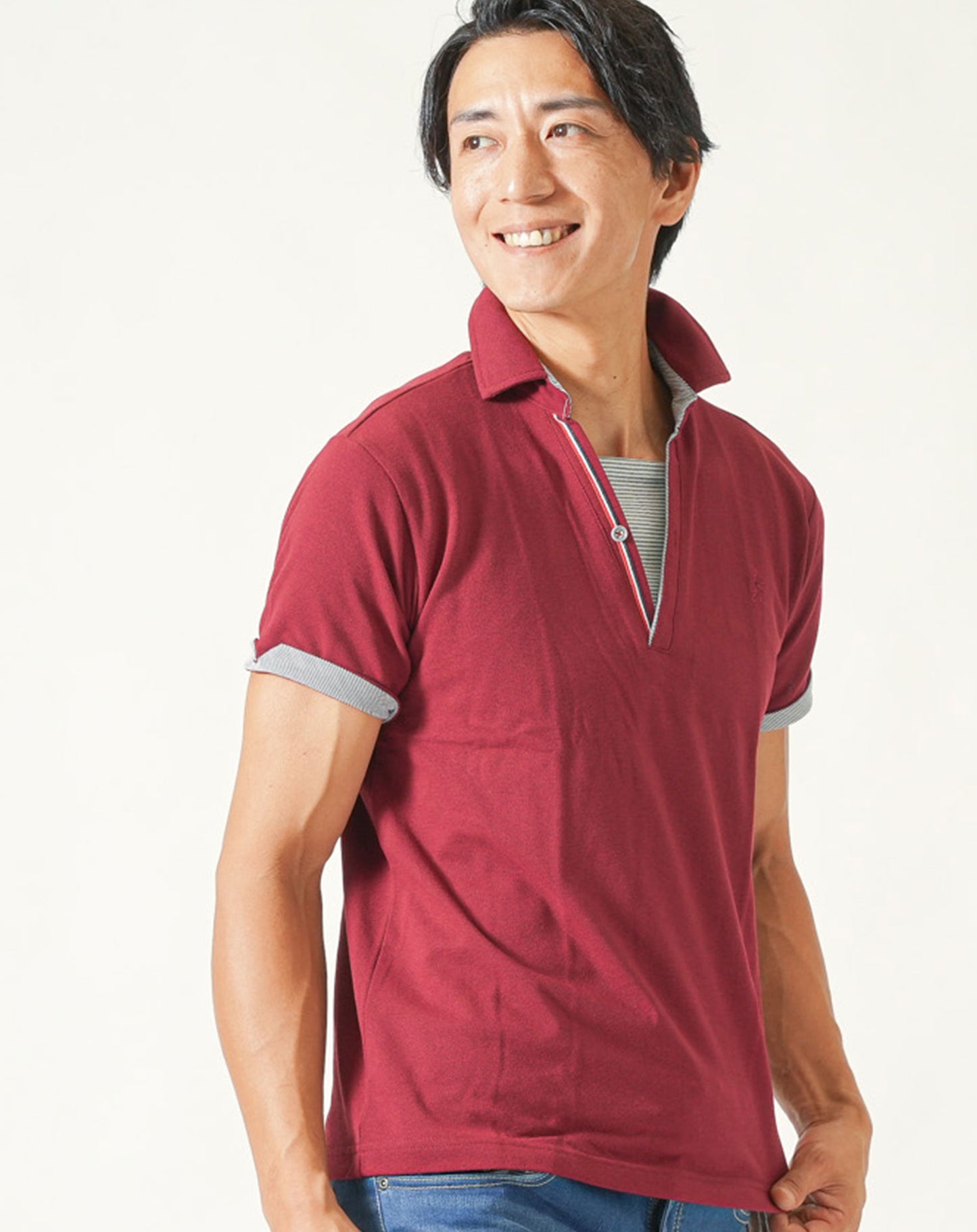 フェイクレイヤードトリコロールライン半袖スキッパーポロシャツ