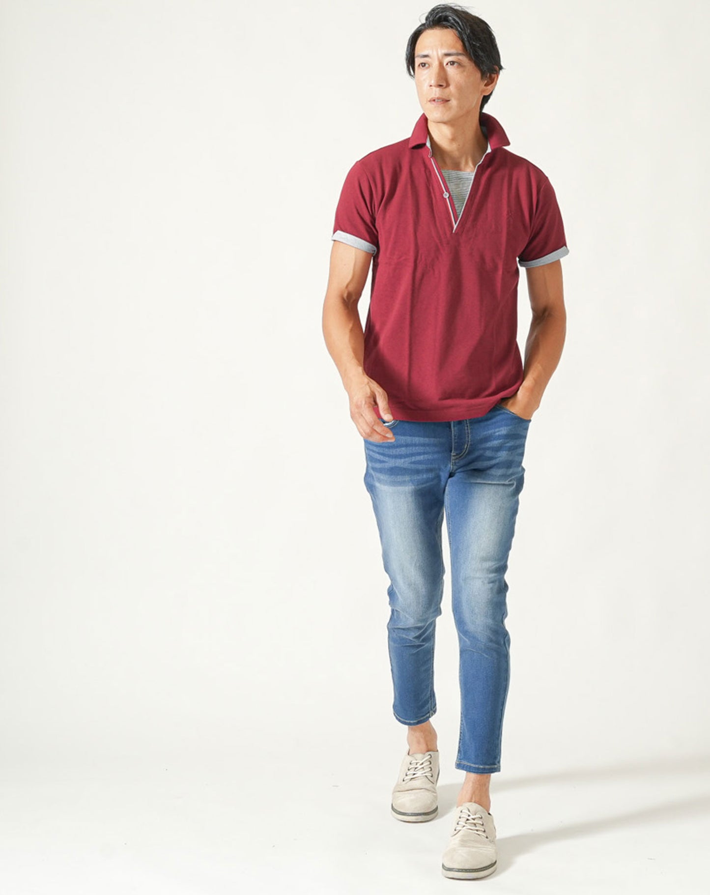 フェイクレイヤードトリコロールライン半袖スキッパーポロシャツ