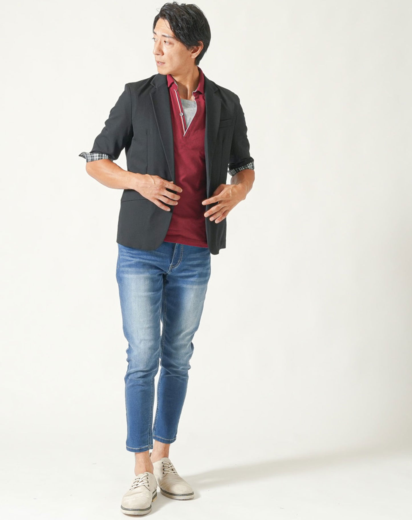 フェイクレイヤードトリコロールライン半袖スキッパーポロシャツ