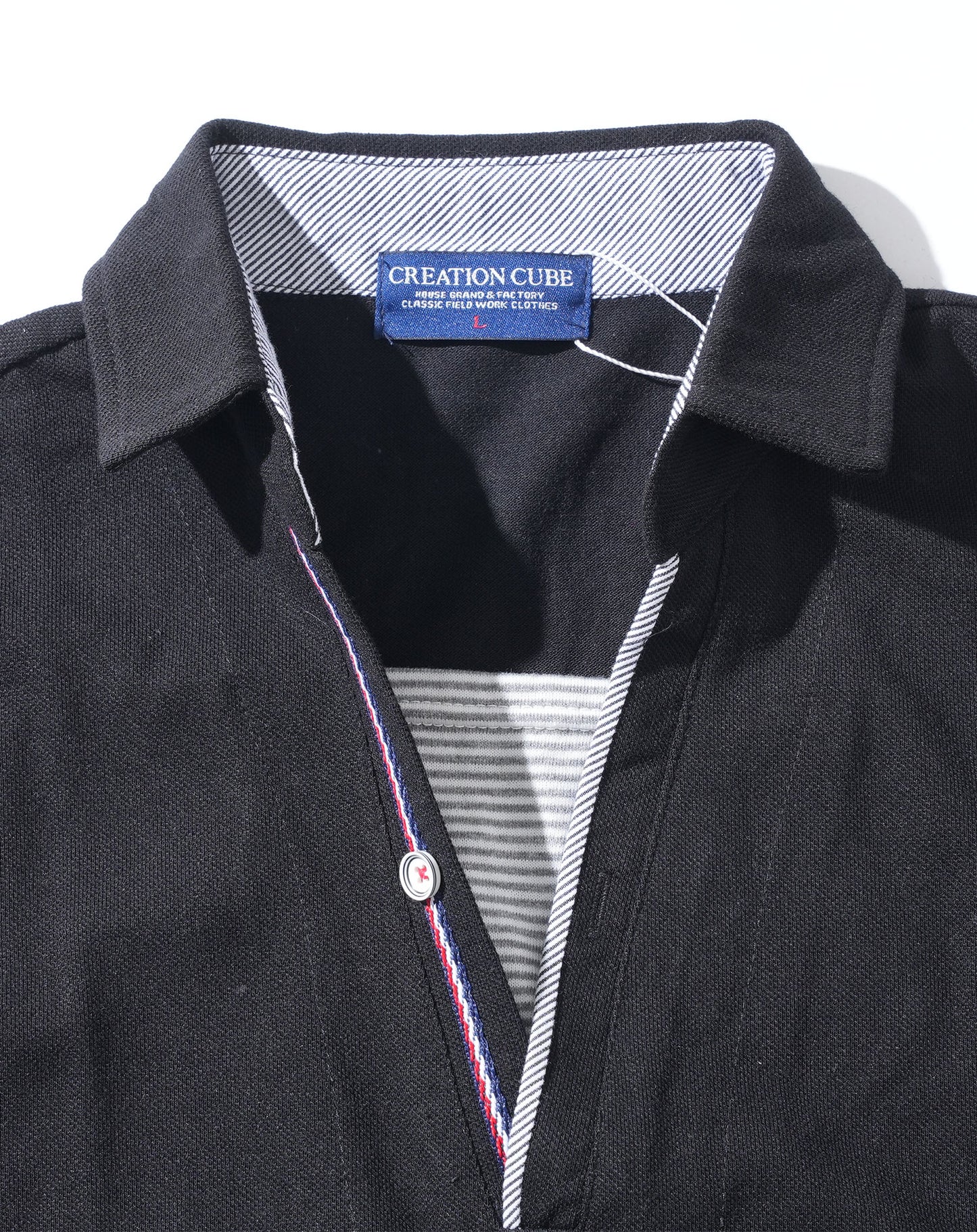 フェイクレイヤードトリコロールライン半袖スキッパーポロシャツ