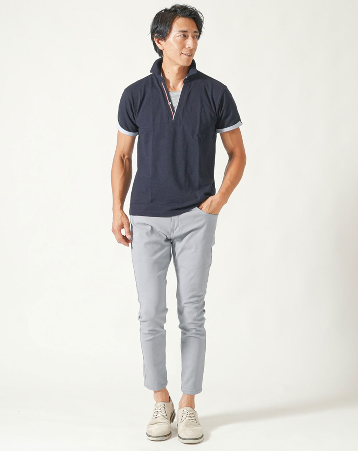 フェイクレイヤードトリコロールライン半袖スキッパーポロシャツ