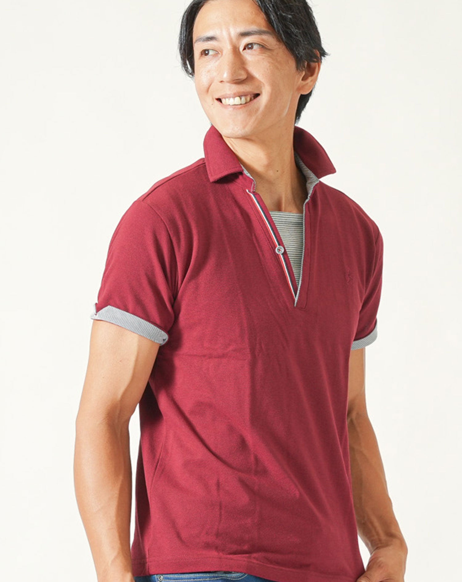 フェイクレイヤードトリコロールライン半袖スキッパーポロシャツ