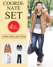 メンズ4点冬コーデセット キャメル中綿ダウンジャケット×ボーダーニットセーター×白シャツ×デニムパンツ