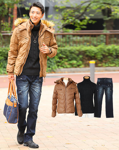 メンズ冬の3点コーデセット キャメル中綿ダウンジャケット×黒タートルネックニット×カーゴデニムパンツ