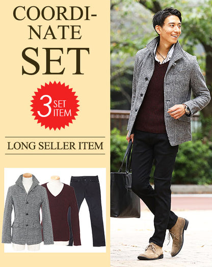 メンズ冬服全身3点コーデセット　グレンチェックジャケット×ワインニットソー×黒パンツの3点コーデセット 181