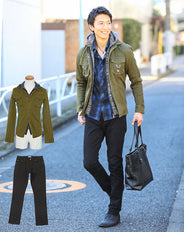 カーキシャツパーカー×黒パンツの2点セット 197