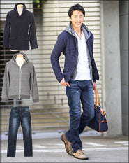 ネイビージャケット×杢チャコールパーカー×紺デニムパンツ3点セット