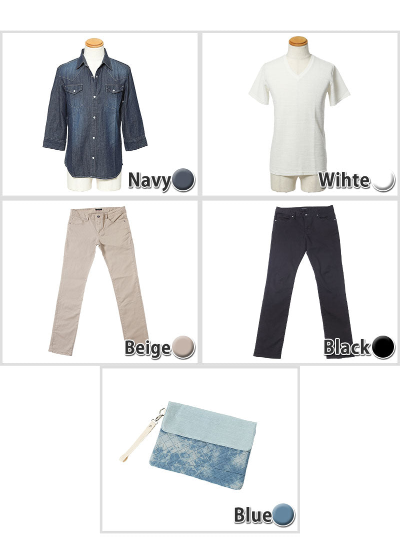 紺デニムシャツ×白Tシャツ×ベージュパンツ×黒パンツのコーディネートセット 203