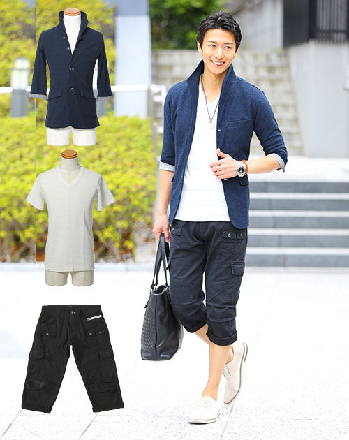 紺ジャケット×白Tシャツ×黒パンツのコーディネートセット 220