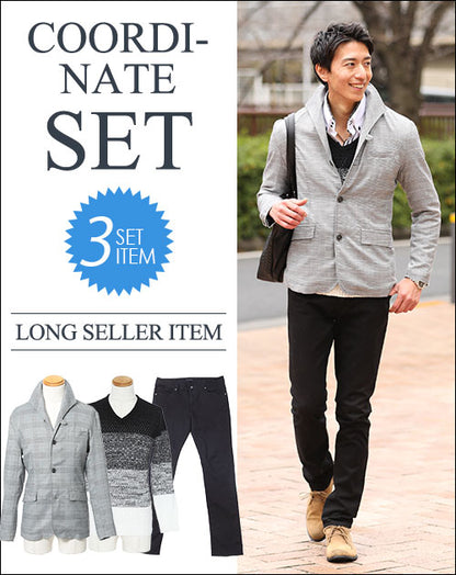 ☆セール商品☆グレンチェックジャケット×黒×白ニット×黒パンツの3点コーディネートセット 228