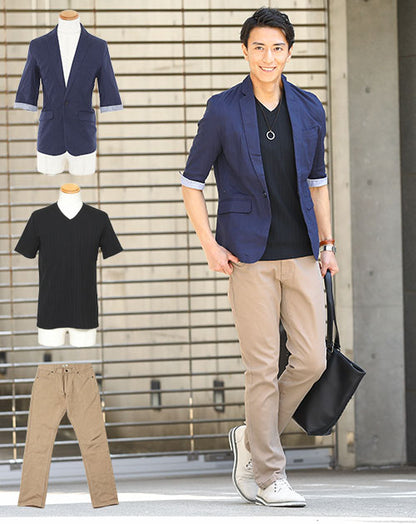 ☆Tシャツのカラーで選べる☆紺ジャケット×Tシャツ×ベージュパンツの3点コーデセット 236