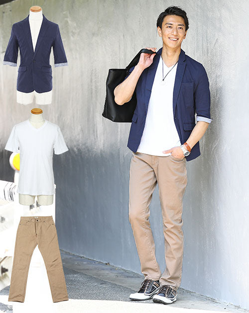 ☆Tシャツのカラーで選べる☆紺ジャケット×Tシャツ×ベージュパンツの3点コーデセット 236