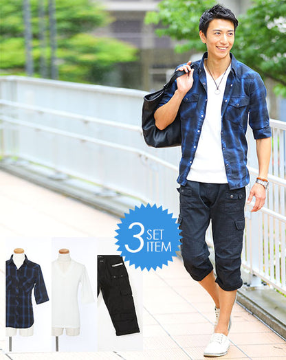 ★セット買い★チェックシャツ×カットソー×クロップドパンツの3点コーデセット　AD