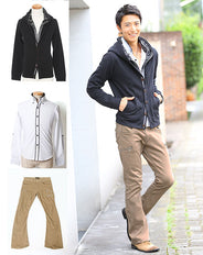 黒ジップパーカー×白シャツ×ベージュブーツカットパンツの3点コーデセット