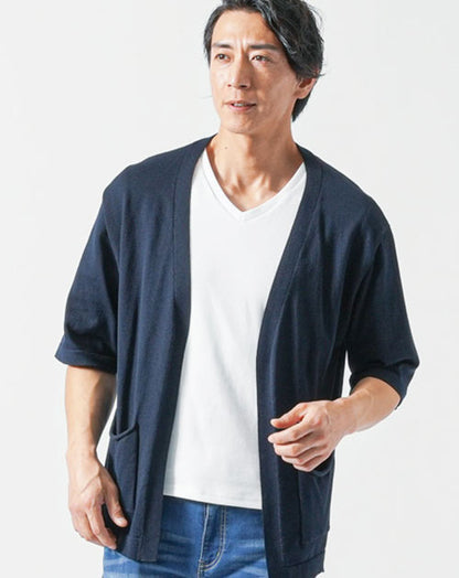 接触冷感ボタンレス５分袖サマーニットカーディガン