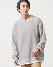 フェイクレイヤードオーバーサイズ長袖クルーネックニットTシャツ