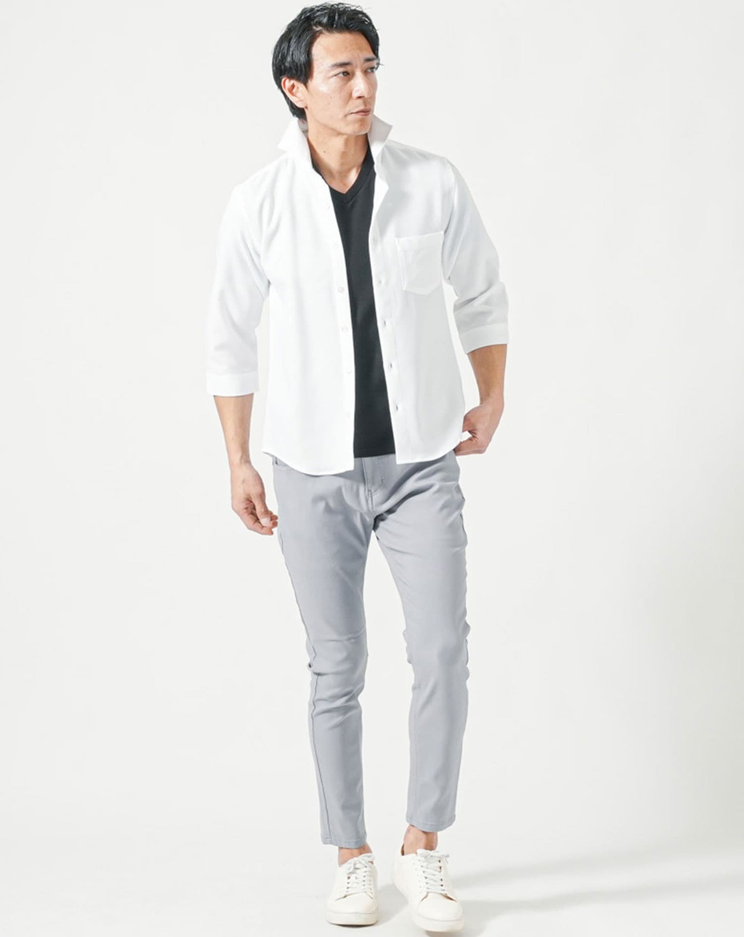 厚手生地＆接触冷感スリムフィット半袖VネックTシャツ