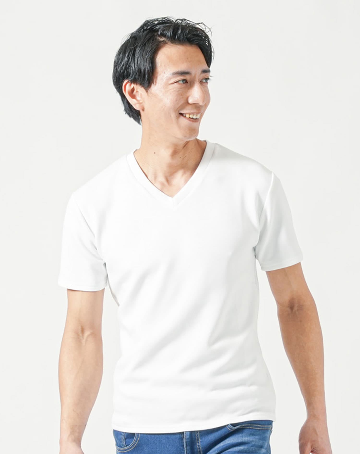 厚手生地＆接触冷感スリムフィット半袖VネックTシャツ