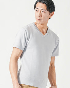 厚手生地＆接触冷感スリムフィット半袖VネックTシャツ