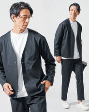 マシンウォッシャブル長袖ノーカラージャケット×テーパードスラックスパンツ　セットアップ