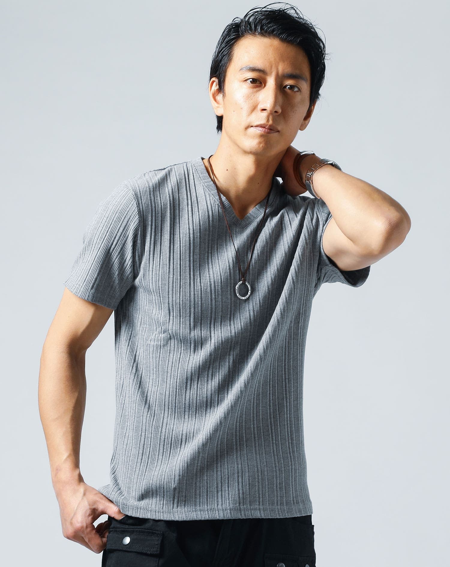 ランダムテレコ素材半袖スリムVネックTシャツ