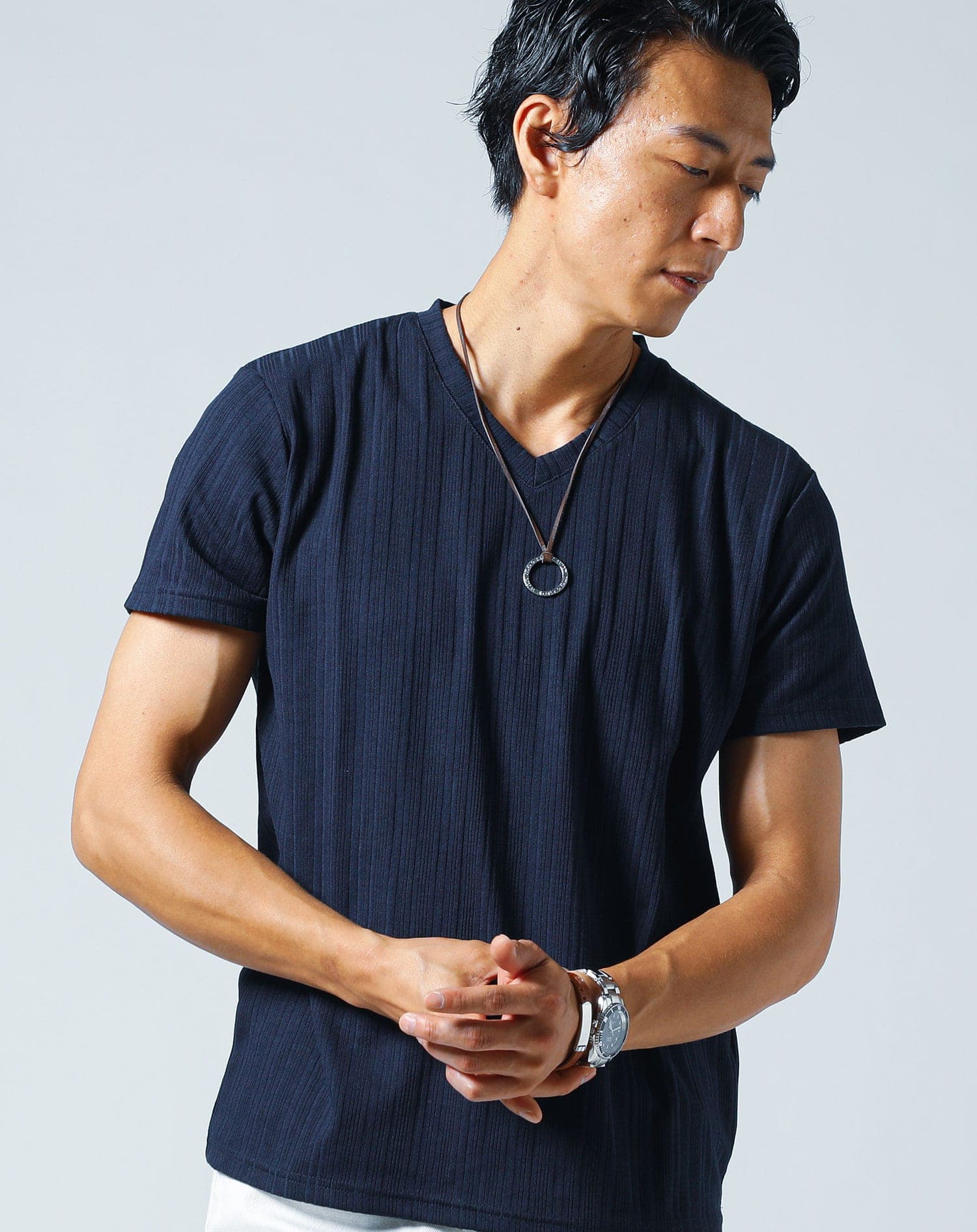 ランダムテレコ素材半袖スリムVネックTシャツ