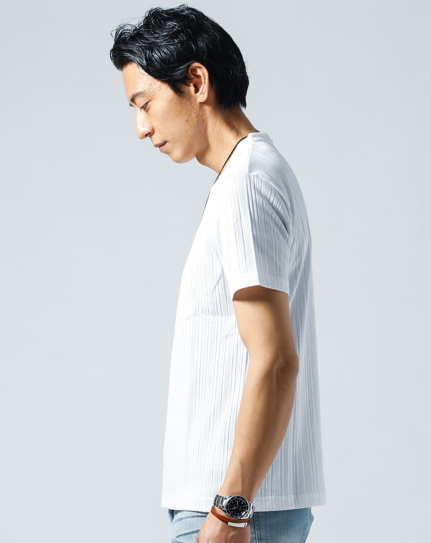 ランダムテレコ素材半袖スリムVネックTシャツ