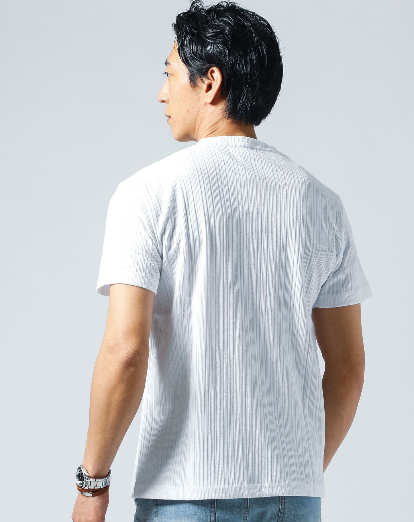 ランダムテレコ素材半袖スリムVネックTシャツ