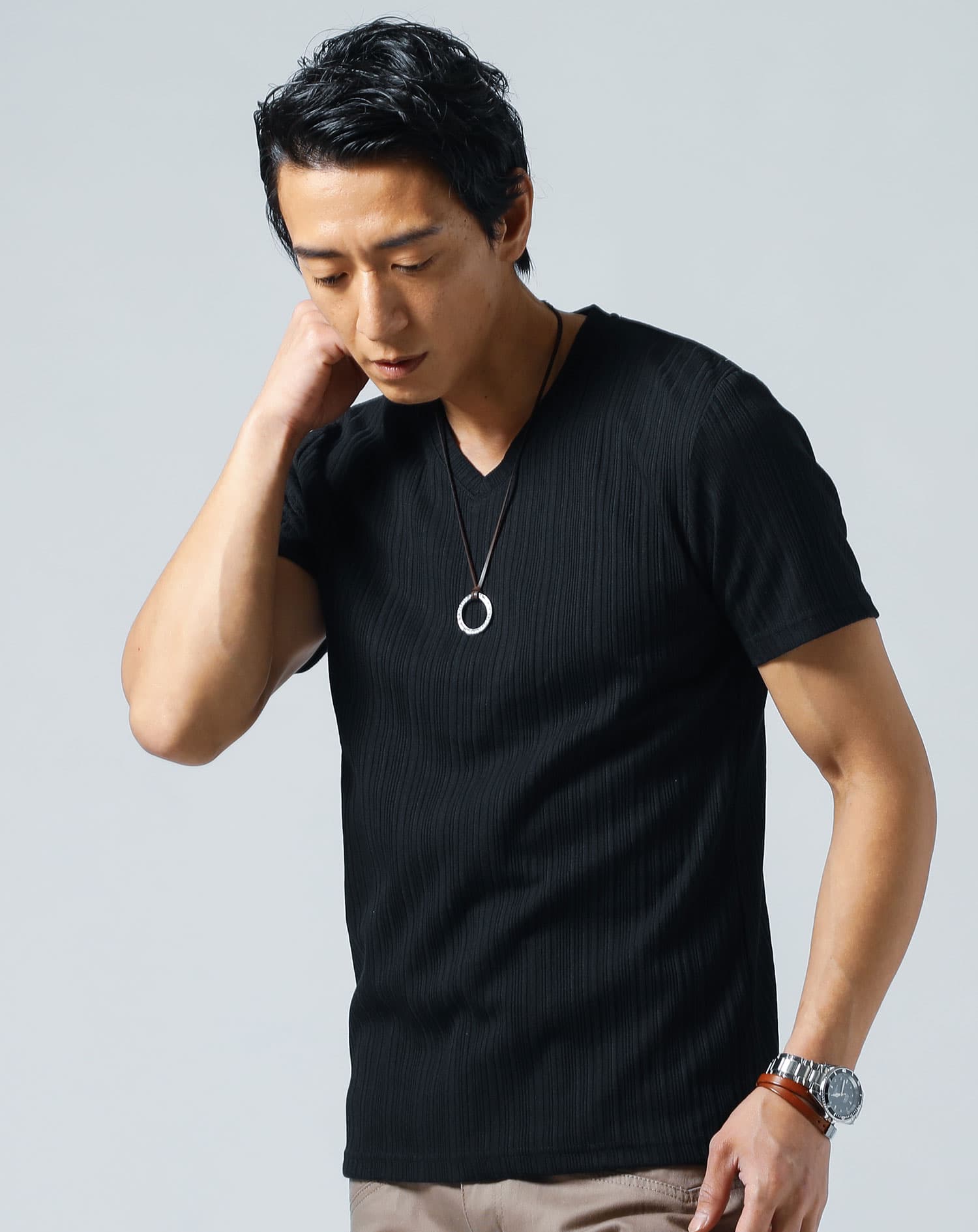 ランダムテレコ素材半袖スリムVネックTシャツ