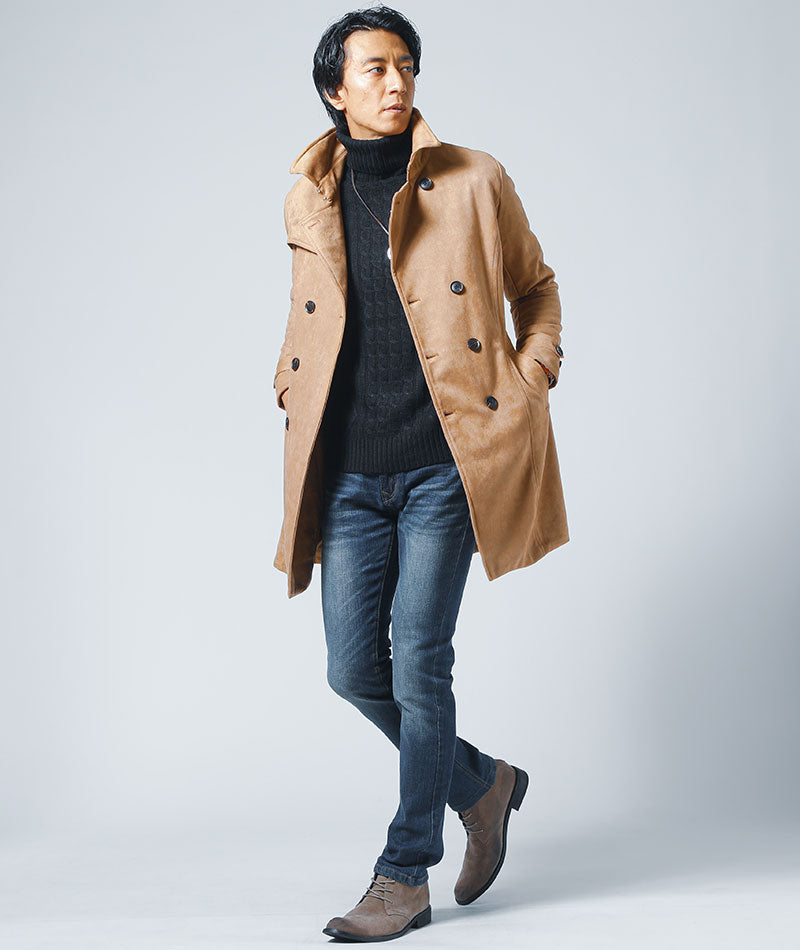 襟ワイヤーセミロングスエードトレンチコート