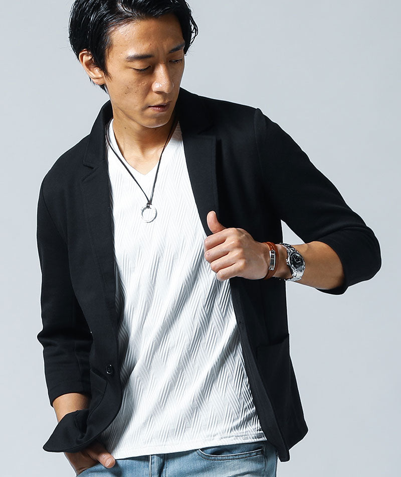 脱ぎ着がしやすい！ぐーんと伸びる膨れバイアス柄半袖VネックTシャツ