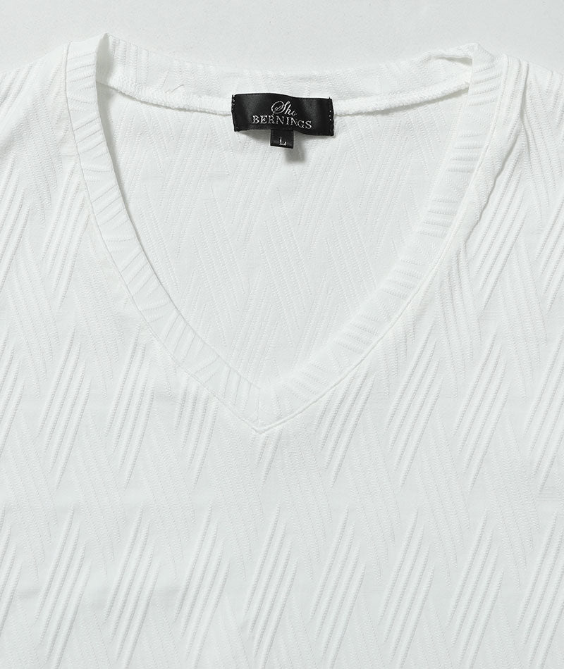 脱ぎ着がしやすい！ぐーんと伸びる膨れバイアス柄半袖VネックTシャツ