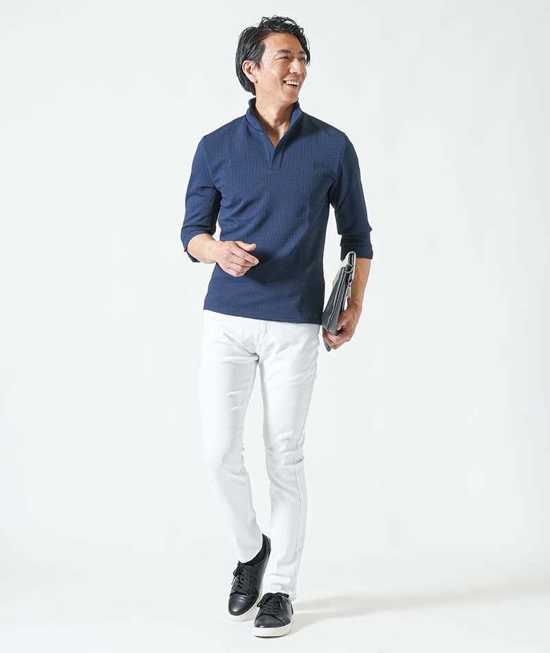 うっすらワッフル柄ワイヤー入りイタリアンスタンドカラー7分袖ポロシャツ