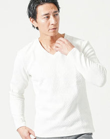 透けにくいちくぽこ対策に使えるダイヤジャガード長袖ストレッチVネックTシャツ