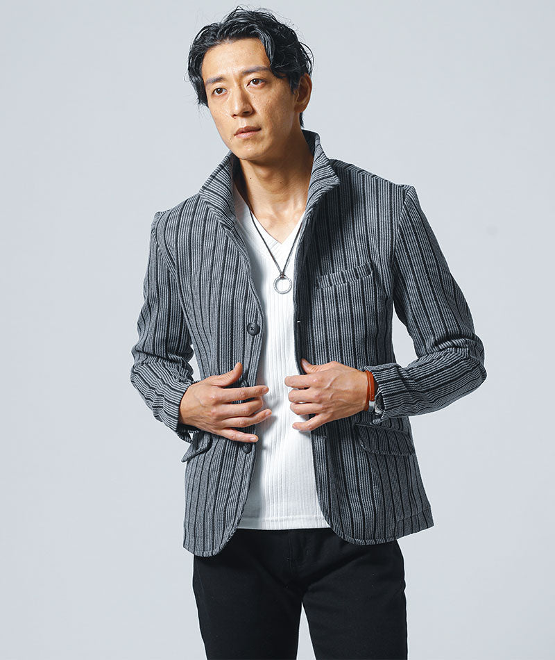 年齢出にくいショート丈襟ワイヤー入りストライプイタリアンスタンドカラージャケット