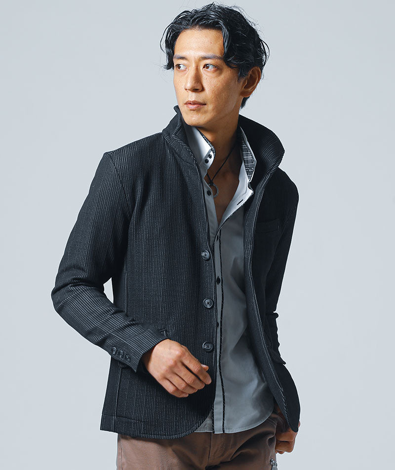 年齢出にくいショート丈襟ワイヤー入りストライプイタリアンスタンドカラージャケット