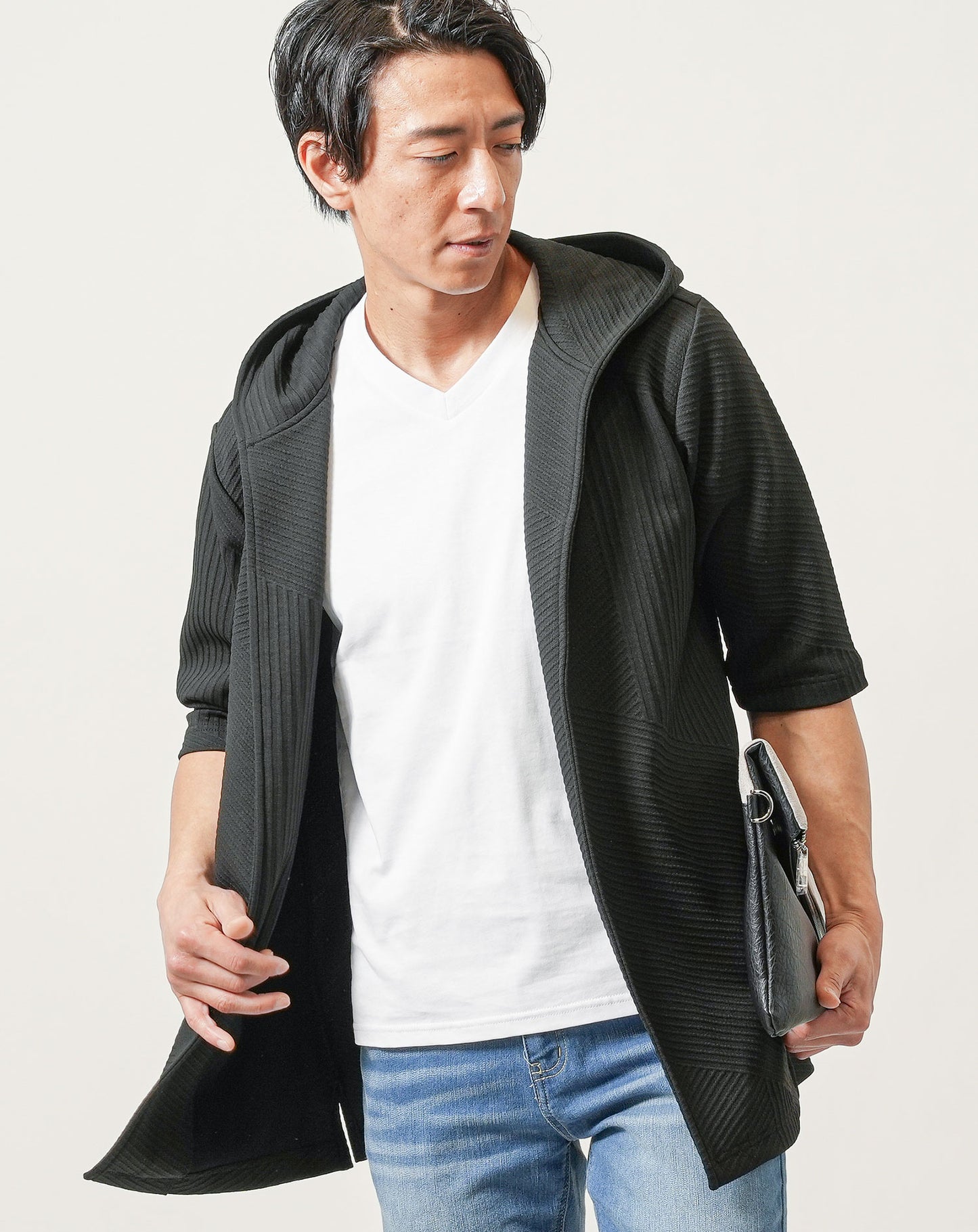 バイアス7分袖ボタンレスセミロングフーディガン