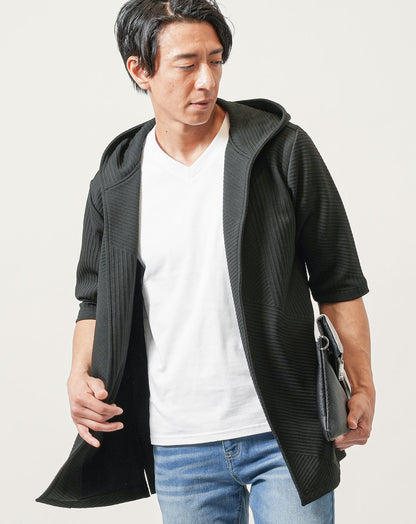 バイアス7分袖ボタンレスセミロングフーディガン