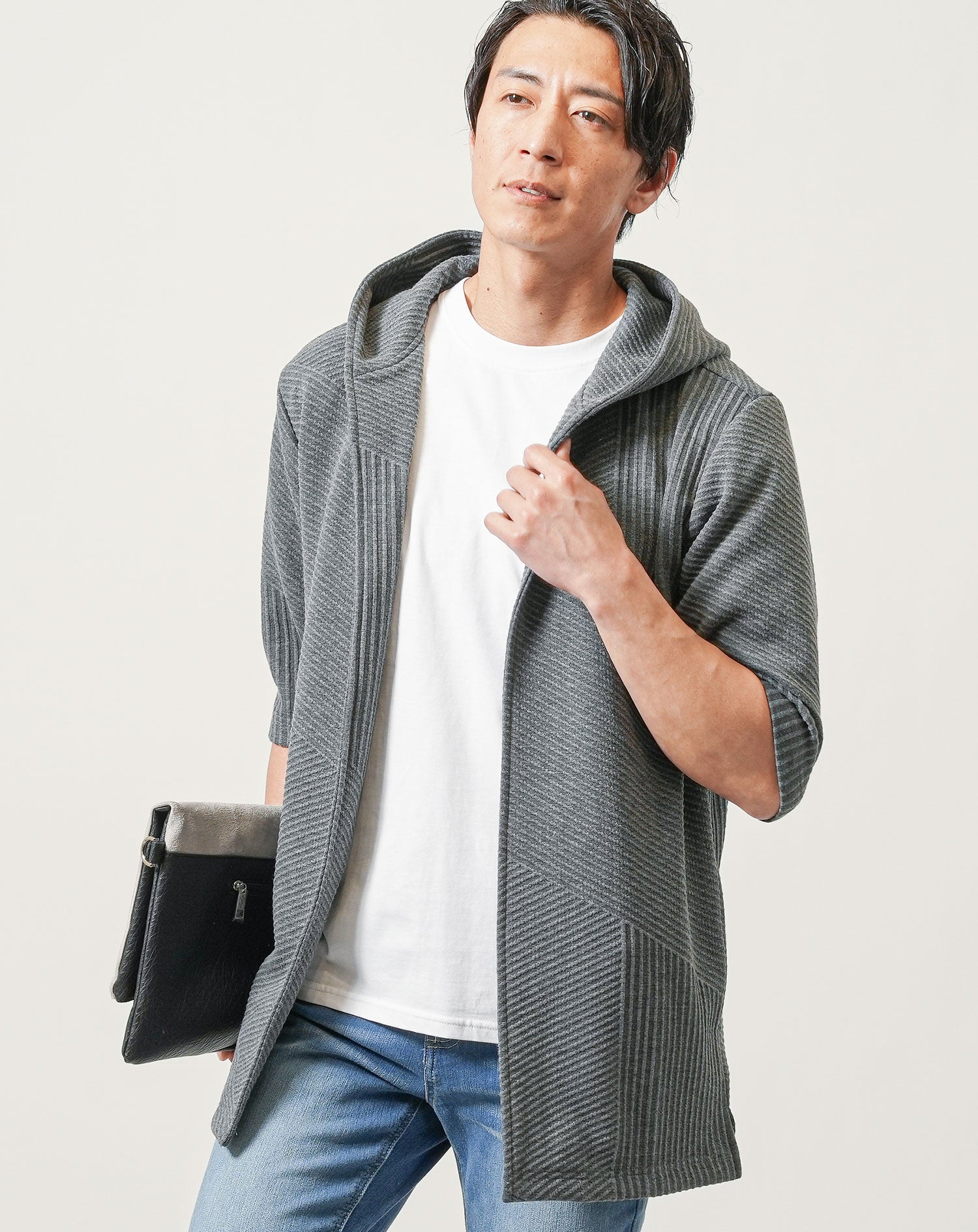 バイアス7分袖ボタンレスセミロングフーディガン