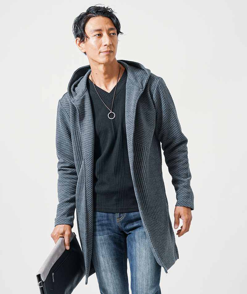 バイアスジャガード長袖フード付きボタンレスミドル・ロング丈フーディガン