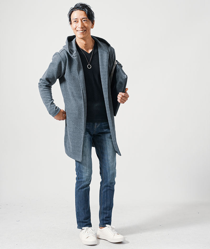 バイアスジャガード長袖フード付きボタンレスミドル・ロング丈フーディガン