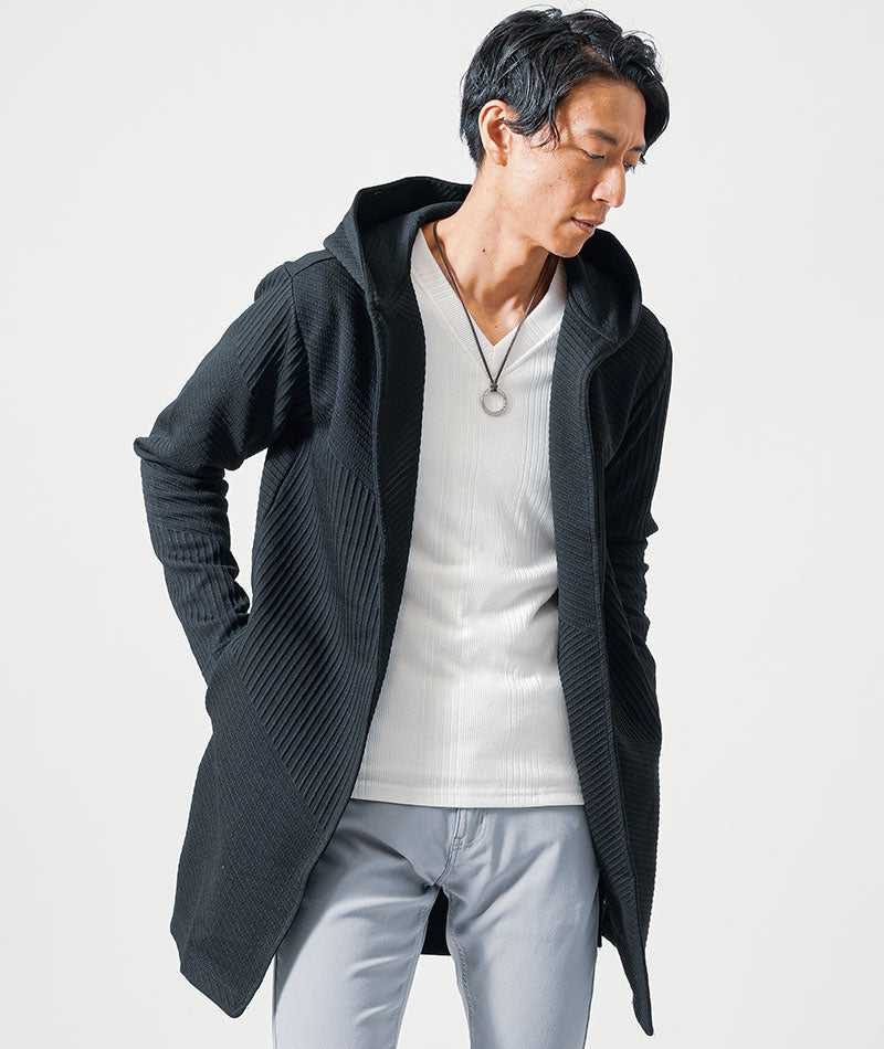 バイアスジャガード長袖フード付きボタンレスミドル・ロング丈フーディガン