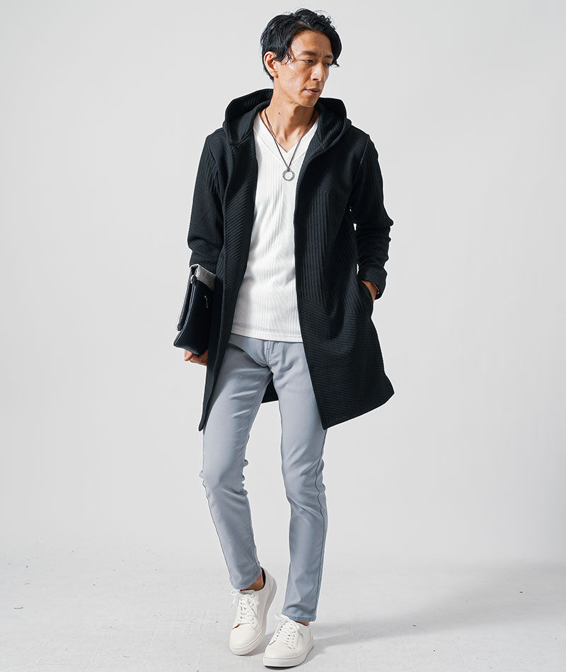 バイアスジャガード長袖フード付きボタンレスミドル・ロング丈フーディガン