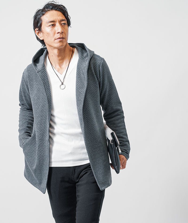 バイアスジャガード長袖フード付きボタンレスミドル・ロング丈フーディガン
