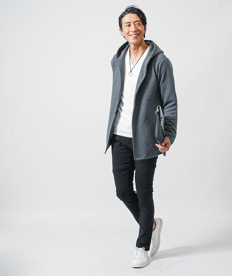 バイアスジャガード長袖フード付きボタンレスミドル・ロング丈フーディガン