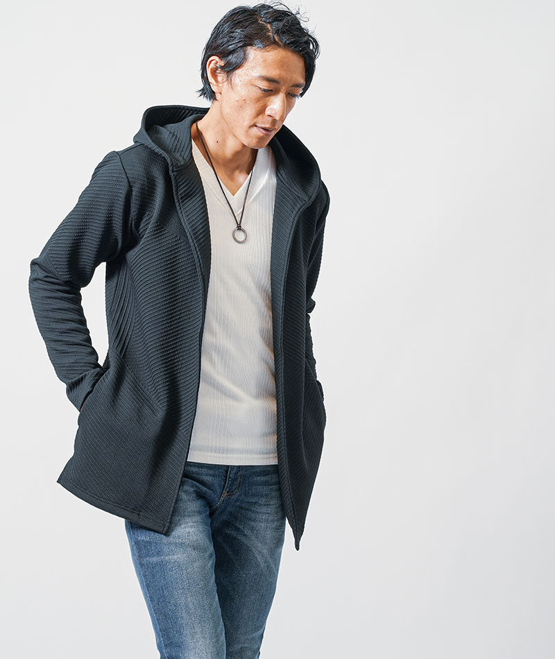バイアスジャガード長袖フード付きボタンレスミドル・ロング丈フーディガン