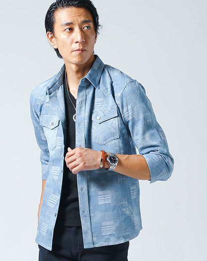 「Ｍサイズのみ」７分袖デニムシャツ×ランダムテレコＴシャツ　2点セット